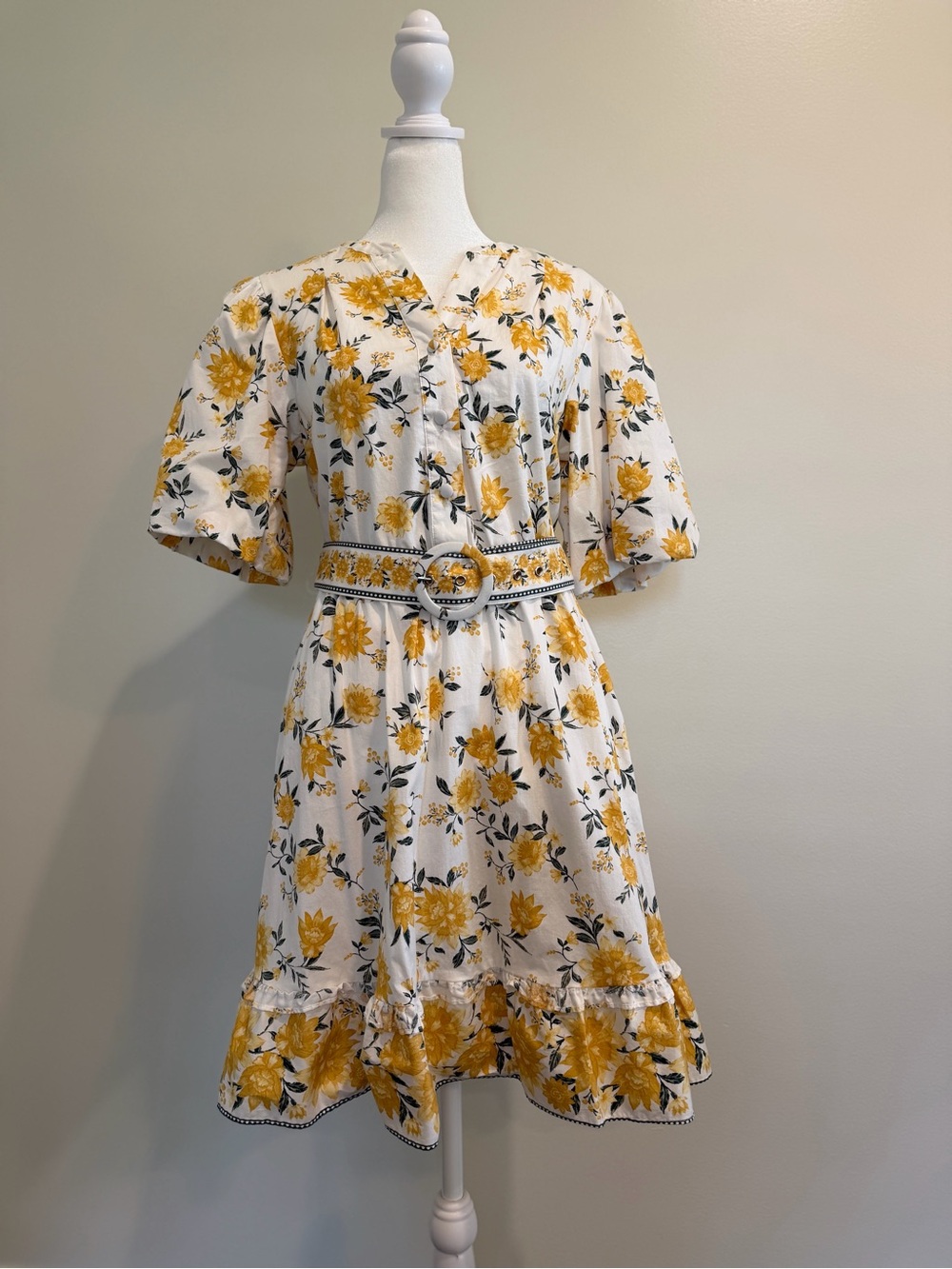 White Dress with Yellow Floral Print and Belt